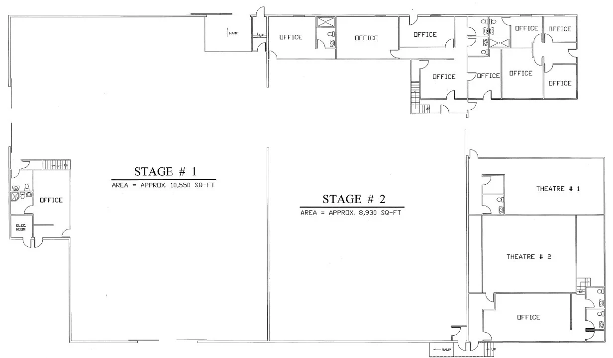 Ground floor — Stages 1 and 2 with the adjoining office wing
